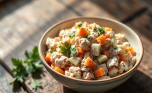 Salpicão de peru sem maionese servido em tigela branca com cenoura ralada, maçã verde e nozes visíveis, decoração com salsa fresca