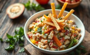Salpicão brasileiro cremoso com frango desfiado, legumes coloridos e coberto com batata palha crocante em tigela branca