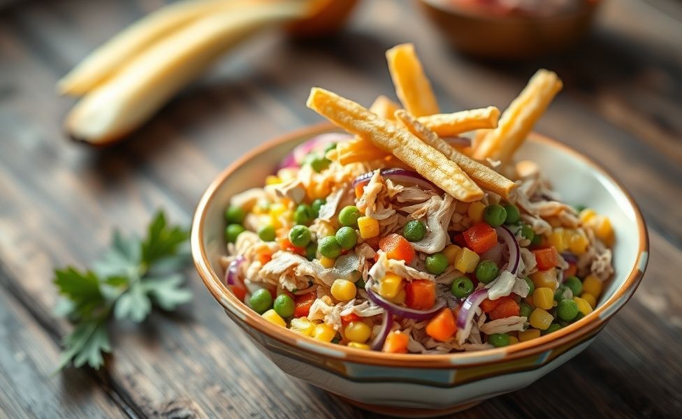 Salpicão tradicional brasileiro com ingredientes para fazer salpicão incluindo frango desfiado, vegetais coloridos e batata palha crocante