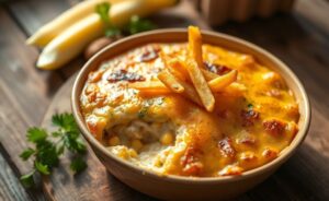 Salpição de frango cremoso com cobertura crocante de batata palha e queijo gratinado, servido em refratário sobre mesa rústica