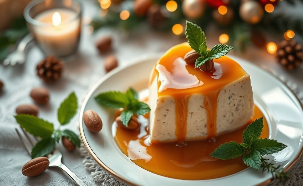 Pudim de castanhas cremoso, Sobremesa Natal decorada com castanhas inteiras e calda caramelizada dourada em mesa festiva