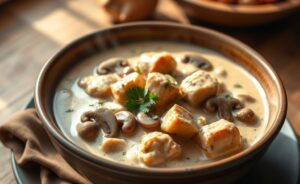 Strogonoff de frango cremoso com champignons em molho aveludado, ingredientes para strogonoff perfeito servido em bowl rústico com salsinha