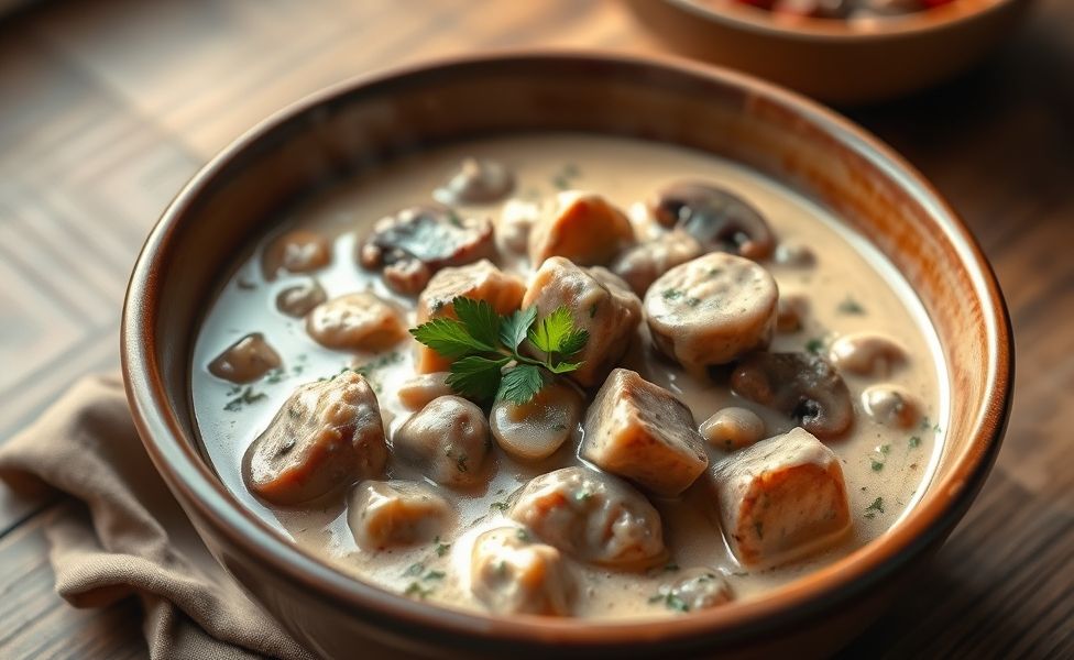 Strogonoff de carne cremoso com pedaços dourados de carne e champignons, molho cremoso envolvendo todos os ingredientes para strogonoff de carne perfeito