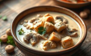 Strogonoff de frango cremoso com pedaços dourados em molho aveludado, ingredientes para strogonoff de frango perfeito servido em tigela rústica com salsinha
