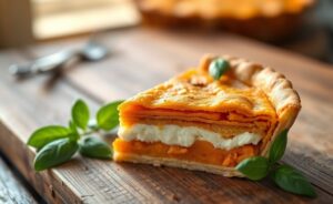 Fatia generosa de Torta de Batata-Doce com Ricota mostrando textura cremosa e crosta dourada, servida em prato branco sobre mesa rústica