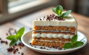 Fatia generosa de torta de bolacha com nata mostrando camadas perfeitas de bolachas e creme branco, decorada com chocolate granulado