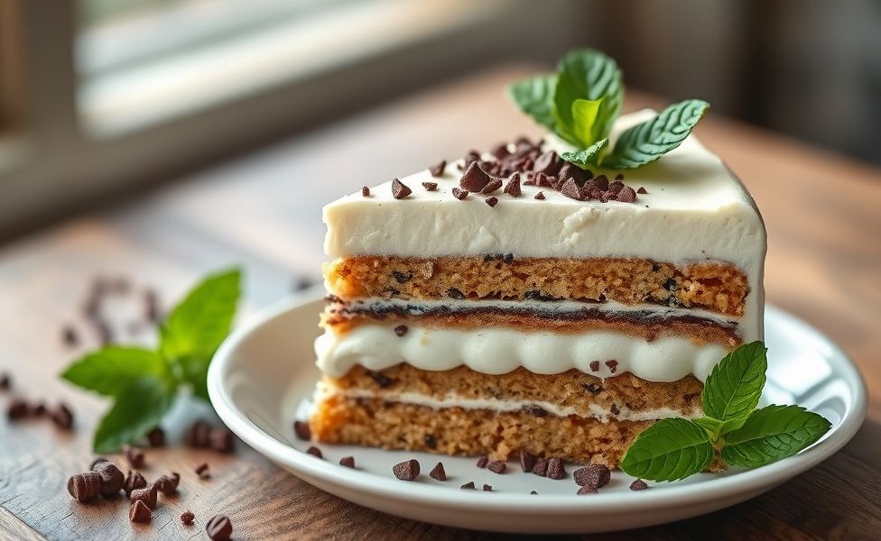 Fatia generosa de torta de bolacha com nata mostrando camadas perfeitas de bolachas e creme branco, decorada com chocolate granulado