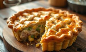 Torta de frango recém-assada com massa dourada e crocante, recheio cremoso visível com pedaços de frango, milho e ervilha, servida em fatia generosa