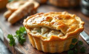 Torta de frango recém-assada com massa dourada e recheio cremoso visível, perfeita exemplar dos ingredientes torta de frango bem executados