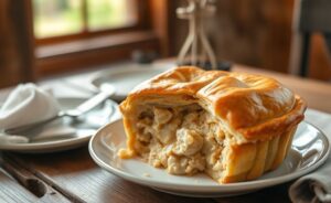 Torta de frango caseira recém-assada com massa dourada e recheio cremoso visível - ingredientes para torta de frango perfeita