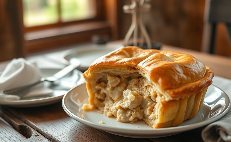 Torta de frango caseira recém-assada com massa dourada e recheio cremoso visível - ingredientes para torta de frango perfeita