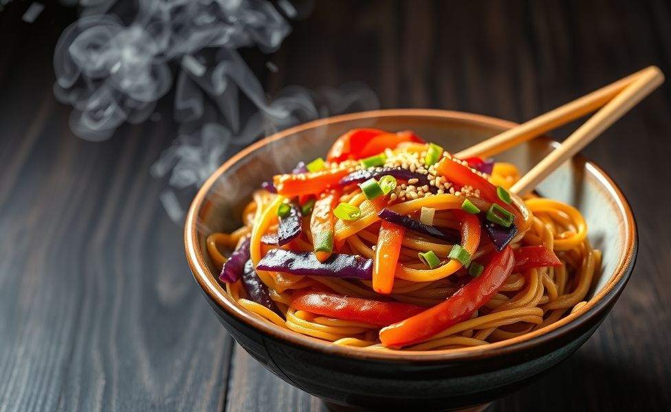 Yakisoba ingredientes prontos com macarrão salteado, legumes coloridos e molho brilhante em bowl japonês, decorado com gergelim e cebolinha