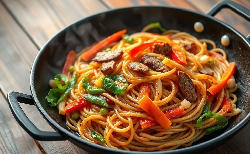 Yakisoba receita tradicional servido no wok com macarrão, legumes coloridos e tiras de carne em molho brilhante