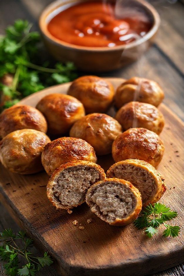 Almôndegas caseiras douradas no forno feitas com ingredientes para almôndegas selecionados, mostrando textura suculenta interna e crosta caramelizada externa