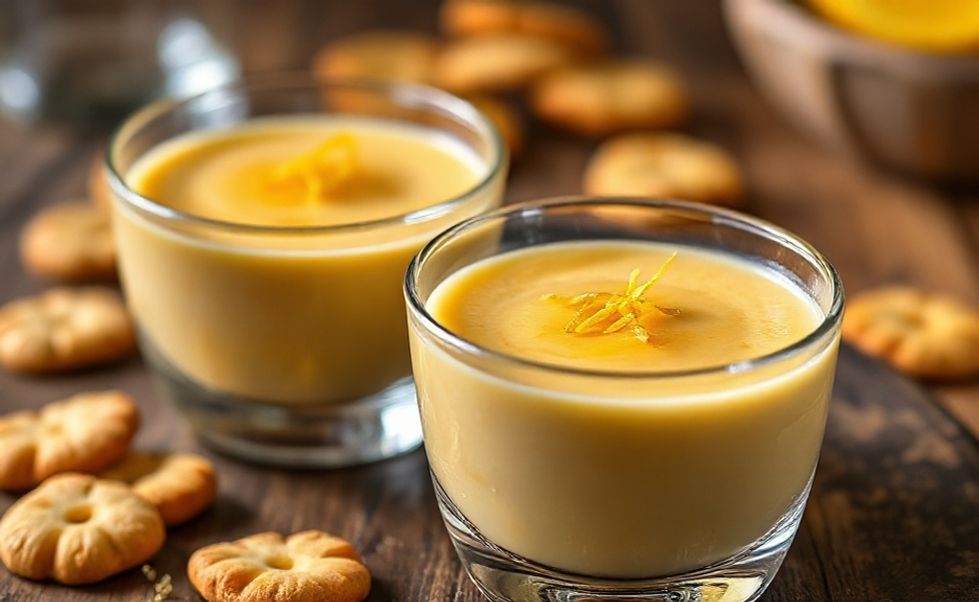 Sobremesa cremosa feita com ingredientes da Amarula em ramequins de vidro, textura aveludada com raspas de limão e biscoitos champanhe ao lado