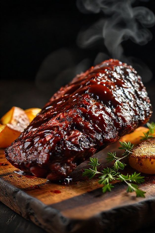 Costela bovina suculenta com molho barbecue caseiro e batatas rústicas douradas, prato típico de area gourmet servido em tábua de madeira