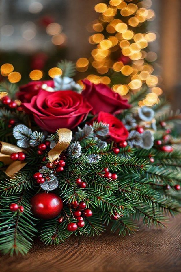 Arranjos florais de natal com pinho natural, rosas vermelhas e decorações douradas em vaso elegante sobre mesa de madeira