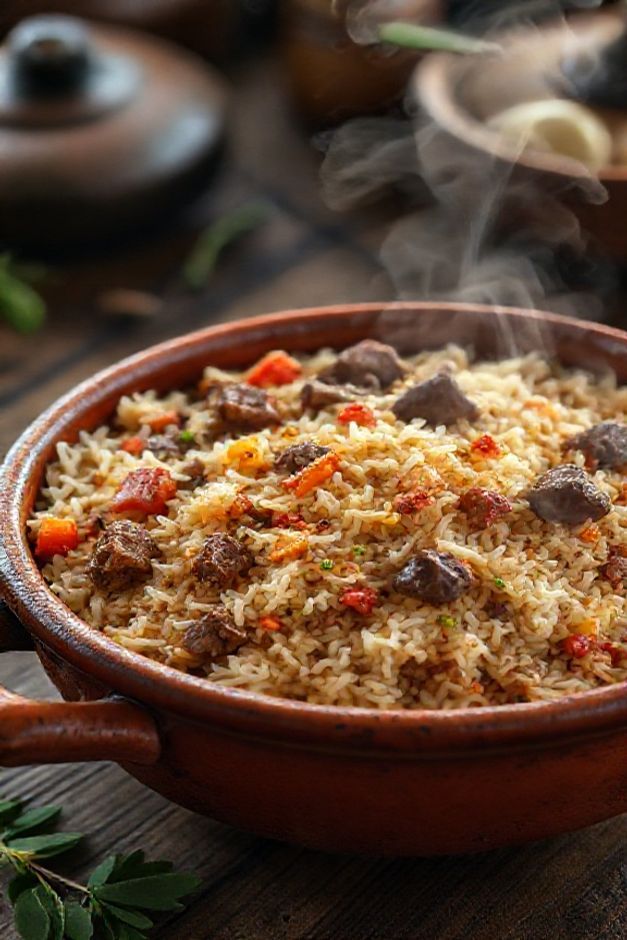 Arroz carreteiro tradicional com carne seca suculenta e legumes coloridos - ingredientes para arroz carreteiro bem preparado