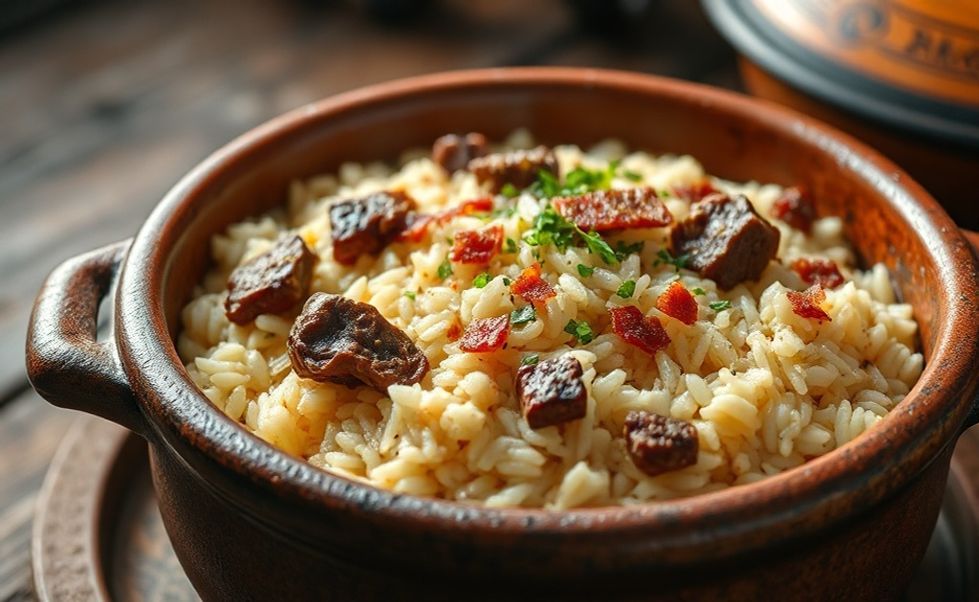 Arroz carreteiro tradicional servido em panela de barro com carne suculenta, arroz cremoso e temperos verdes - prato típico da culinária gaúcha brasileira