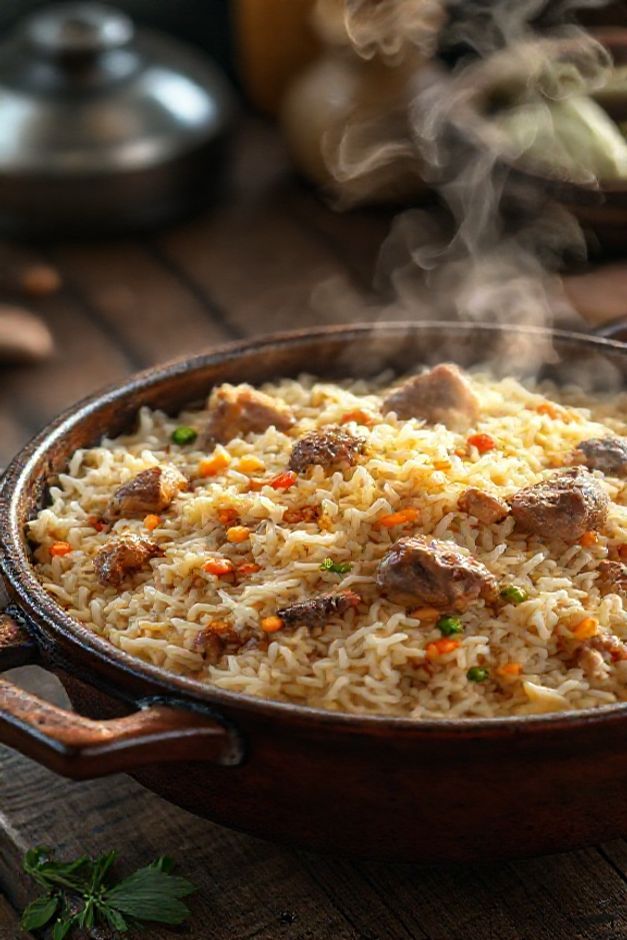 Arroz carreteiro tradicional com ingredientes para fazer arroz carreteiro - prato cremoso com carne suína, arroz e legumes em panela de ferro