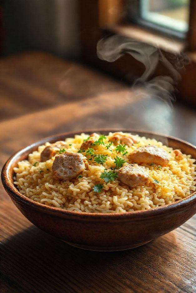 Arroz com galinha cremoso servido em bowl cerâmico, mostrando os ingredientes para fazer arroz com galinha perfeitamente cozidos com salsa fresca