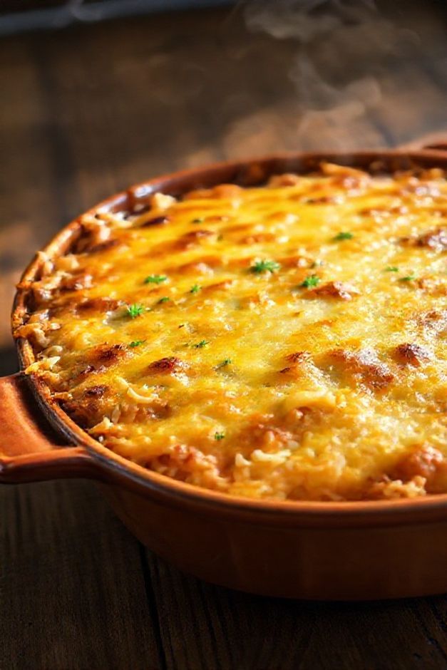 Arroz de forno cremoso com queijo gratinado dourado, mostrando camadas de arroz, carne e vegetais em refratário de cerâmica