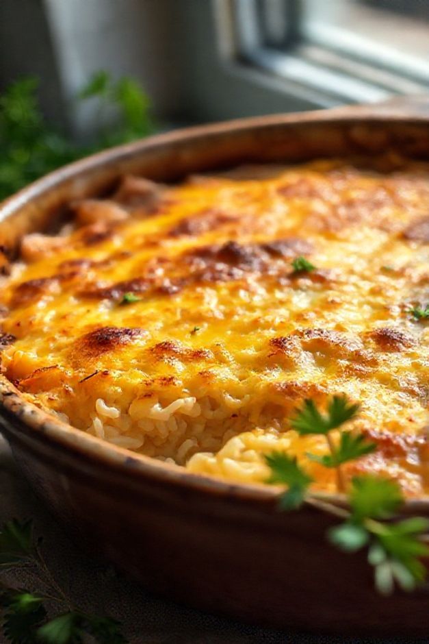 Arroz de forno cremoso com queijo derretido dourado em forma de cerâmica, mostrando camadas perfeitas dos ingredientes para arroz de forno