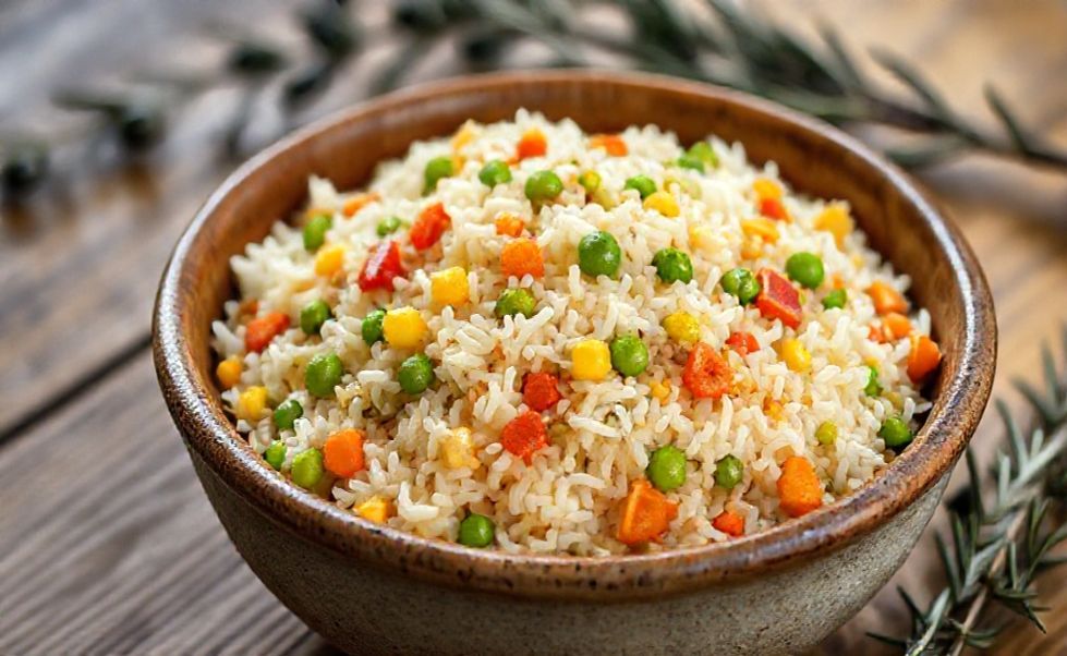 Arroz à Grega colorido com ervilhas verdes, milho amarelo, cenoura laranja e pimentão vermelho em bowl rústico, textura soltinha e apetitosa