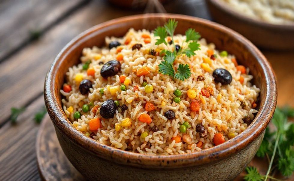 Arroz à grega colorido em bowl cerâmico com cenoura, ervilhas, milho, azeitonas e frutas secas visíveis, decorado com salsinha fresca