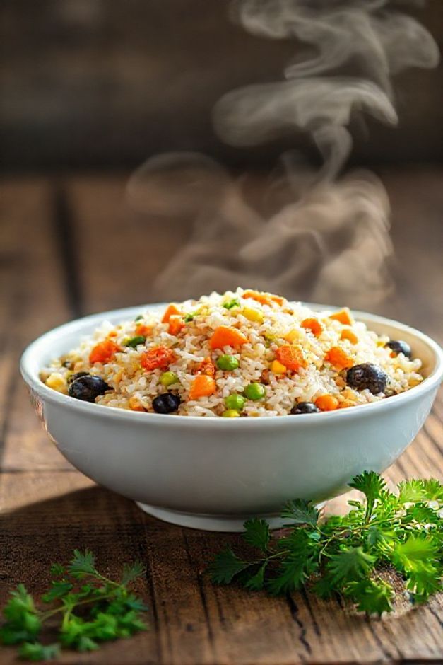Arroz à grega colorido com cenoura, ervilhas, milho e azeitonas servido em bowl branco sobre mesa rústica de madeira