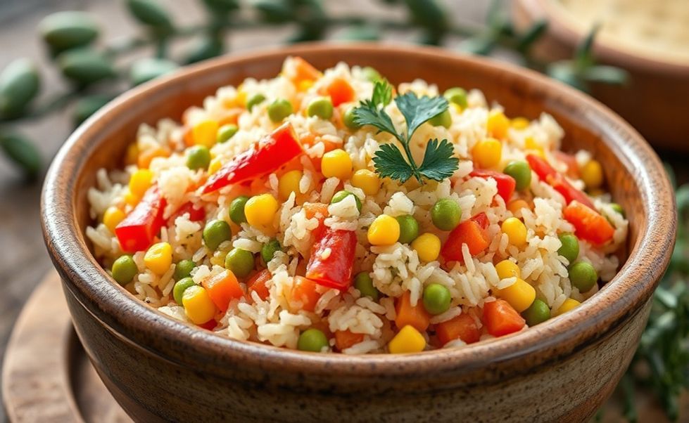 Arroz à grega colorido com pimentões vermelhos e amarelos, ervilhas verdes, milho e cenoura em tigela rústica