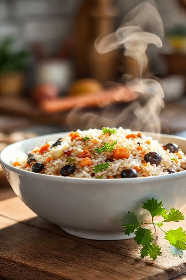 Arroz à Grega servido em bowl branco com mix colorido de passas pretas, azeitonas verdes, cenoura ralada e castanhas, decorado com salsinha fresca