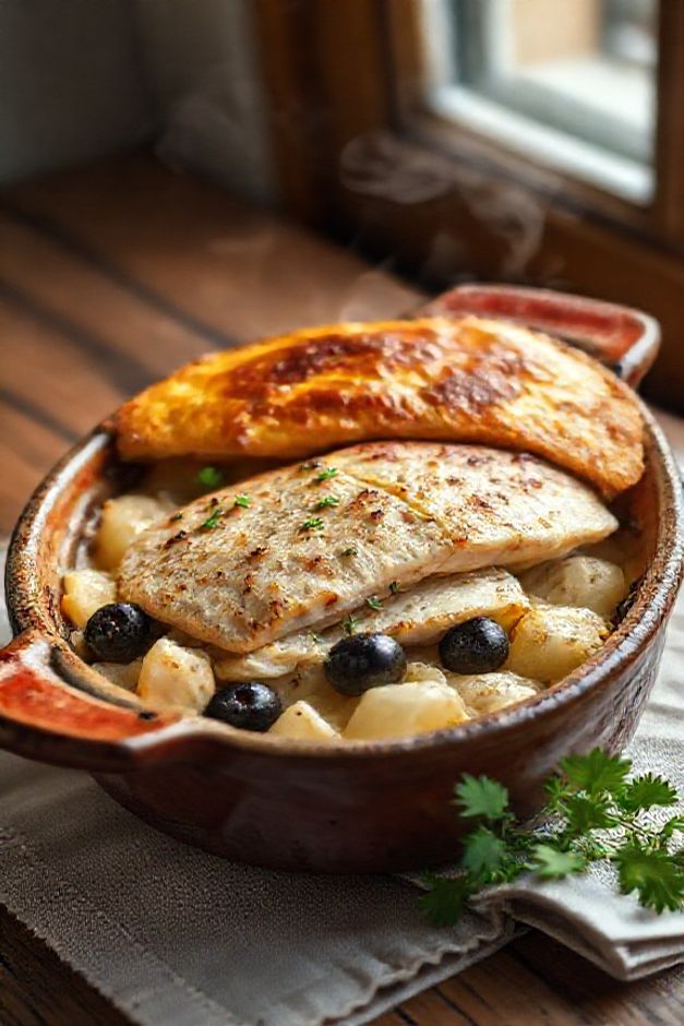 Bacalhoada tradicional portuguesa servida em assadeira de barro com camadas visíveis de bacalhau, batatas e ingredientes para bacalhoada perfeitamente dourados