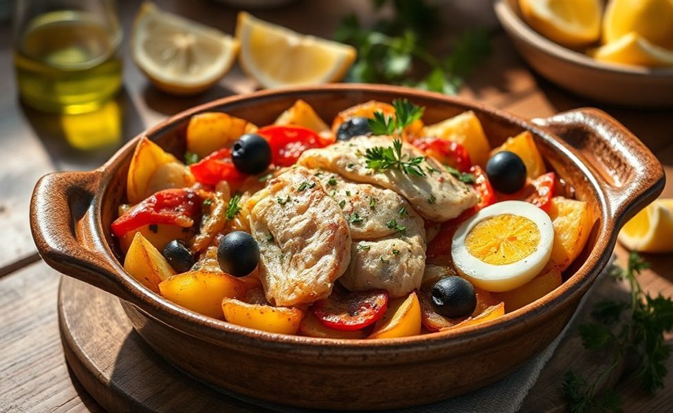 Bacalhoada tradicional portuguesa em assadeira de barro com camadas de batatas douradas, bacalhau desfiado, legumes assados e ovos cozidos