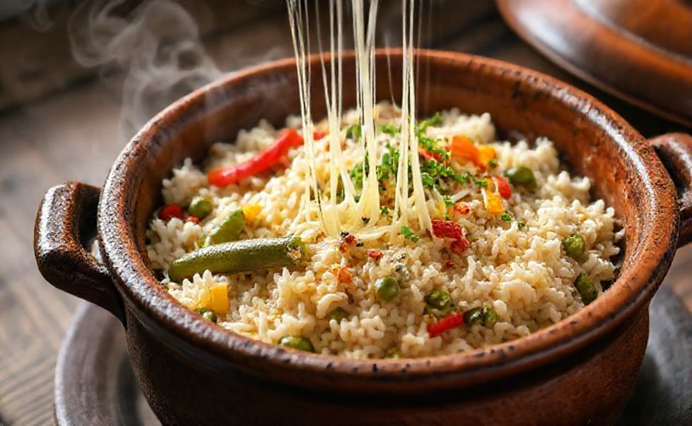 Baião de dois tradicional servido em panela de barro com arroz cremoso, feijão verde, queijo coalho derretido e temperos frescos