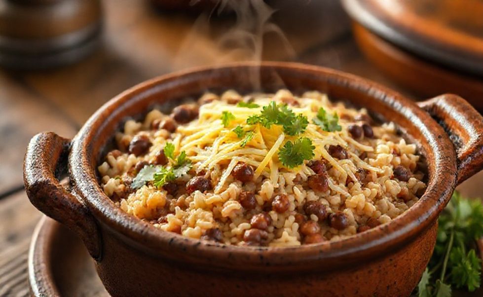 Baião de dois tradicional servido em panela de barro com arroz cremoso, feijão verde e queijo coalho derretido, decorado com coentro fresco