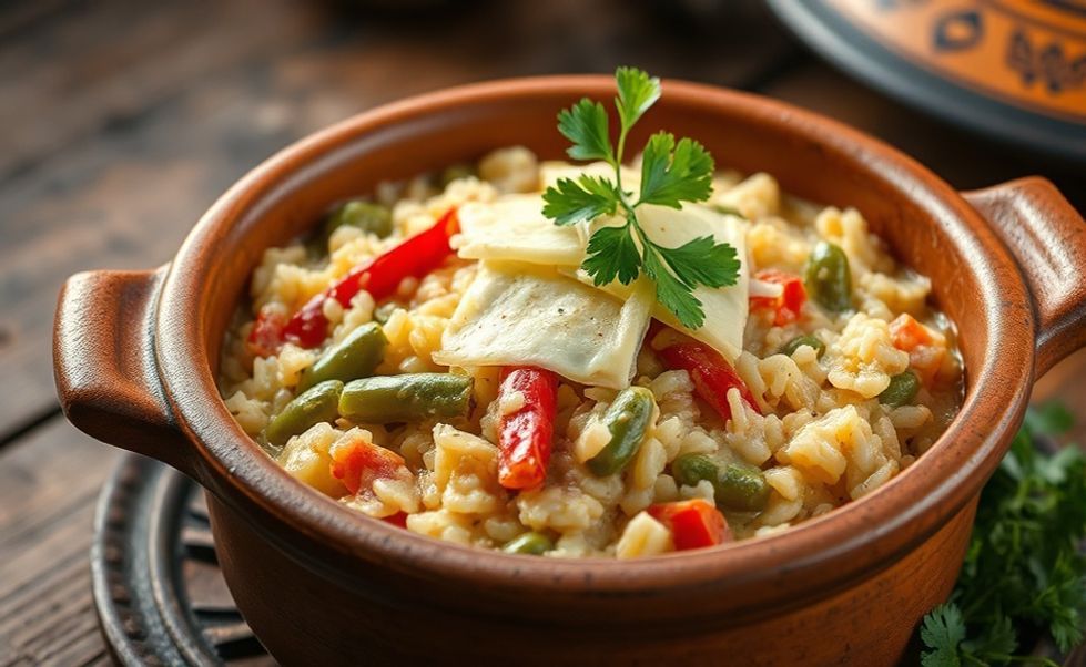 Baião de dois tradicional servido em panela de barro com feijão verde, arroz e queijo coalho derretido - ingredientes do baião de dois perfeitamente combinados