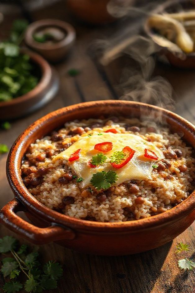 Baião de dois tradicional brasileiro com arroz, feijão verde e queijo coalho derretido - prato cremoso com ingredientes para fazer baião de dois autêntico