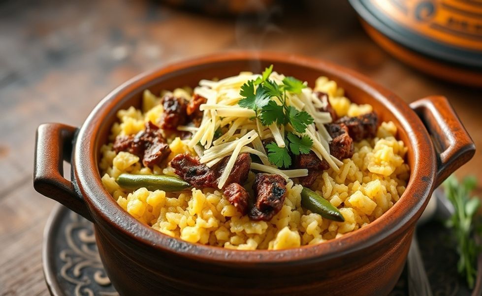 Baião de dois tradicional servido em panela de barro com arroz cremoso, feijão verde, carne de sol desfiada e queijo coalho derretido