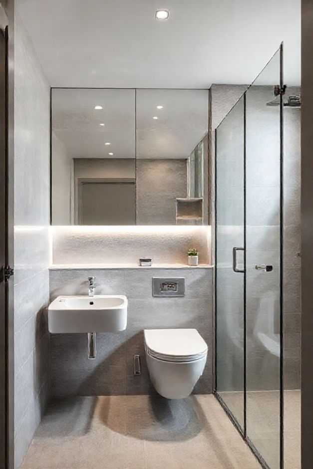 Banheiros modernos pequenos com vaso suspenso, box de vidro sem moldura e espelho grande criando amplitude visual em espaço reduzido