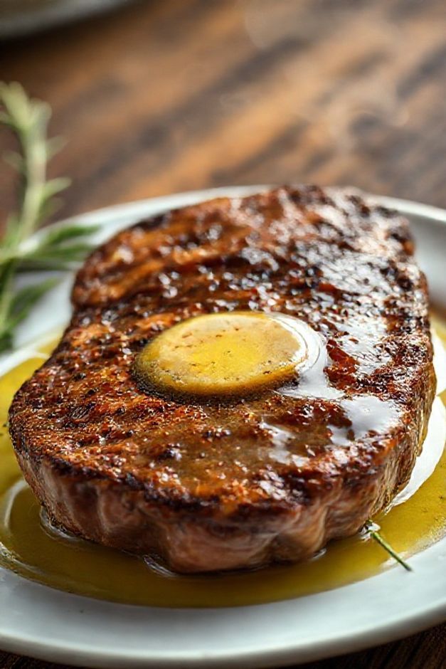 Bife na Manteiga de Alho dourado servido em prato branco com manteiga aromatizada, alho fatiado e alecrim fresco visíveis