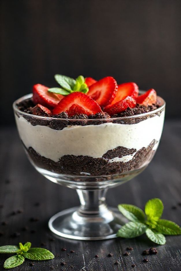 Sobremesa Black Friday em camadas com base de biscoito chocolate, recheio cremoso branco e morangos frescos decorados