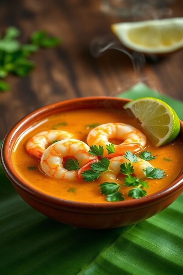Bobó de camarão cremoso servido em bowl de barro com camarões rosados visíveis no molho laranja, decorado com coentro fresco e limão