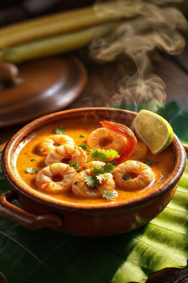 Bobó de camarão cremoso em panela de barro com camarões suculentos visíveis no molho laranja dourado, decorado com coentro fresco