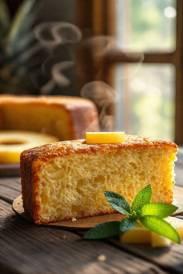 Fatia de Bolo de Ananás caseiro com pedaços visíveis da fruta, calda caramelizada e textura úmida, sobre mesa rústica