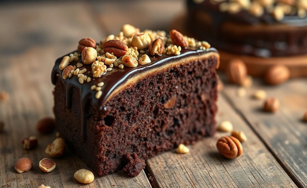 Fatia de bolo de chocolate crocante mostrando massa escura úmida e cobertura com nozes e granulado, sobre prato branco