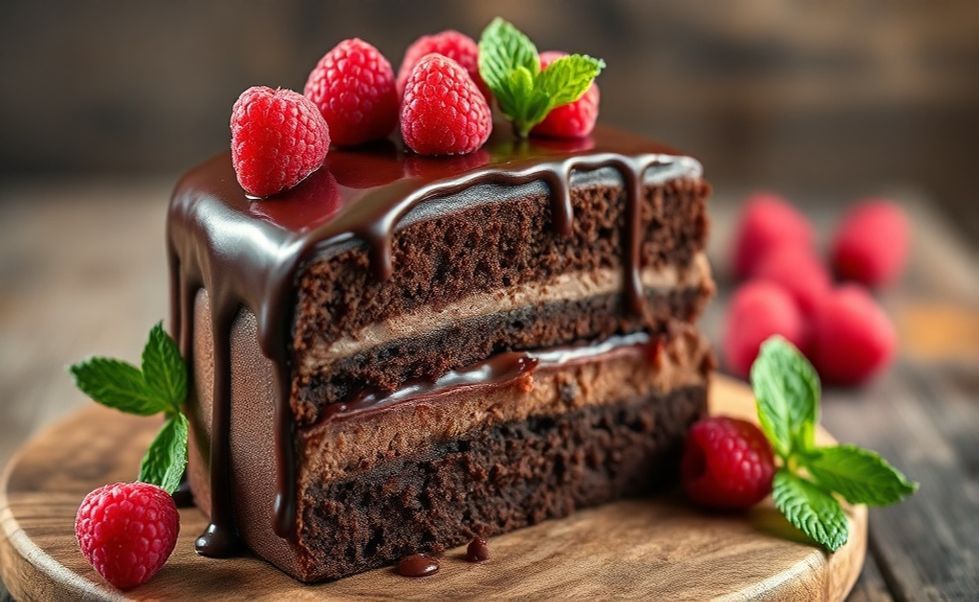 Bolo De Chocolate Recheado Bem Molhadinho E Suculento cortado mostrando camadas úmidas com recheio cremoso de chocolate e cobertura brilhante