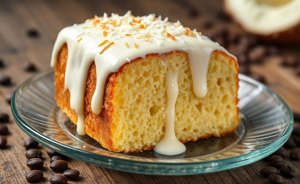 Fatia de Bolo de Coco Gelado mostrando massa amarela úmida coberta com calda branca cremosa e coco ralado, servida em prato transparente