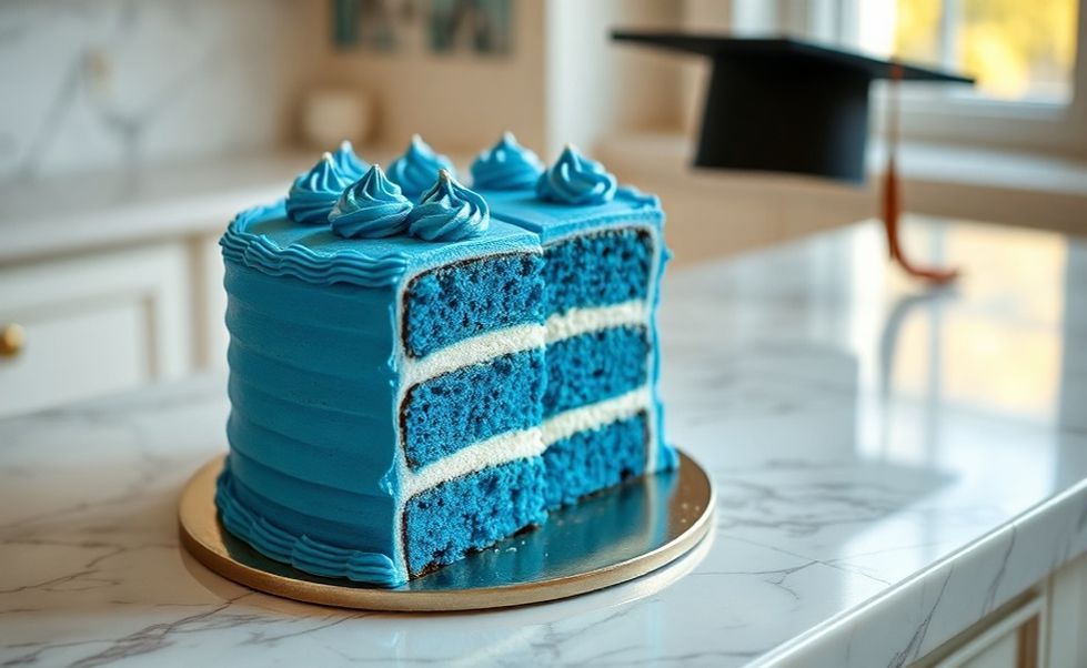 Bolo de formatura azul com cobertura vibrante e decorações prateadas, fatia mostrando massa úmida azul e recheio branco, sobre mesa de mármore