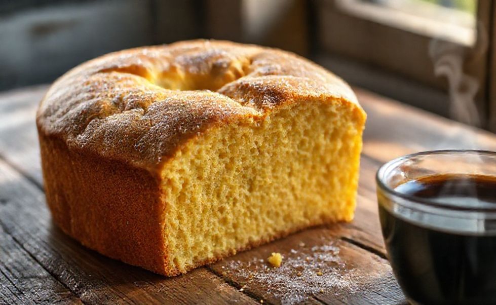 Bolo de Fubá Fofinho recém-assado com miolo amarelo claro e textura macia, fatia cortada mostrando interior fofinho em mesa rústica